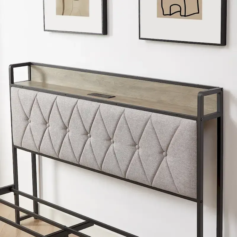 Grey & Queen Bed with Charging Station
