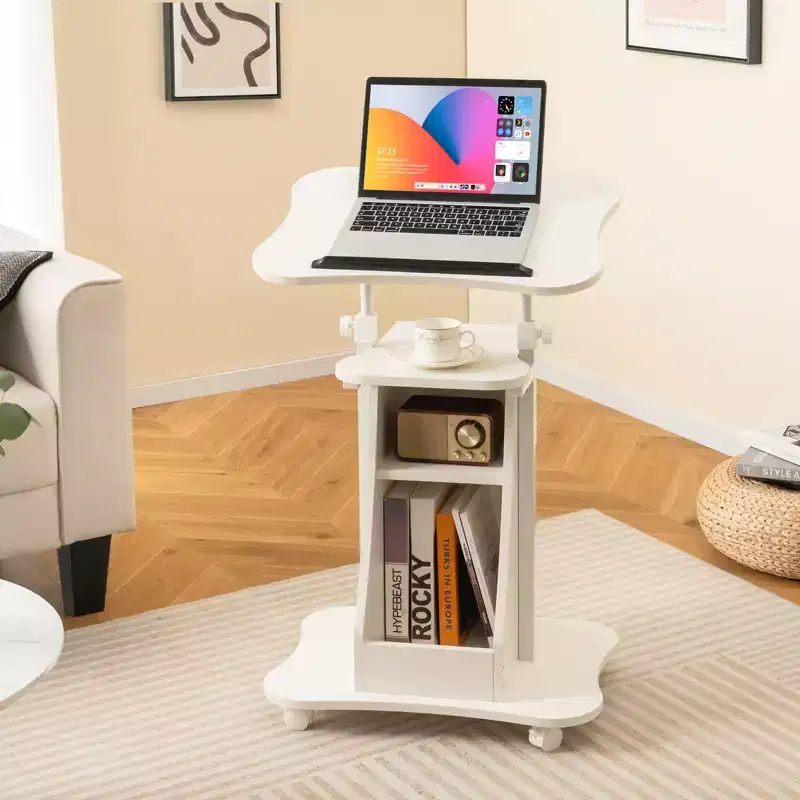 Costway Mobile Podium Stand Height Adjustable Laptop Cart with Storage Compartments Rolling Lectern with Lockable Casters for Classroom Office White