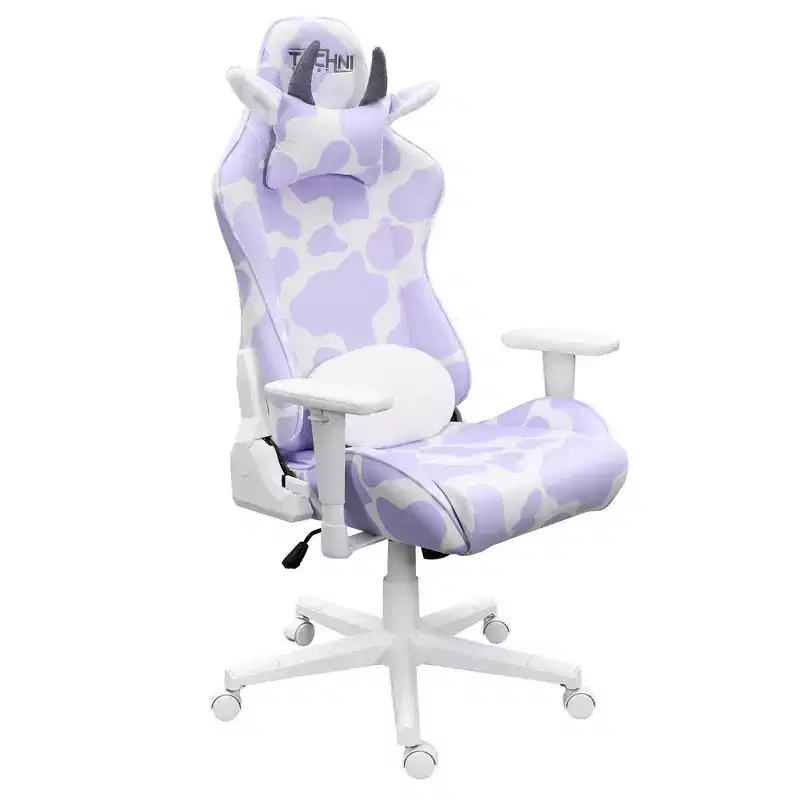 Lavender Print Gaming Chair with Cow Ear Headrest and Lumbar Pillow