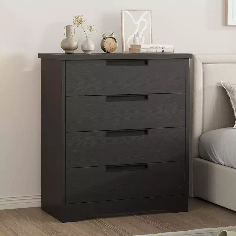 TROPOW 4 Drawer Dresser for Bedroom, Black Chest of Drawers with Embedded Handles Design, Wooden Dresser Organizer for Living Room, Black