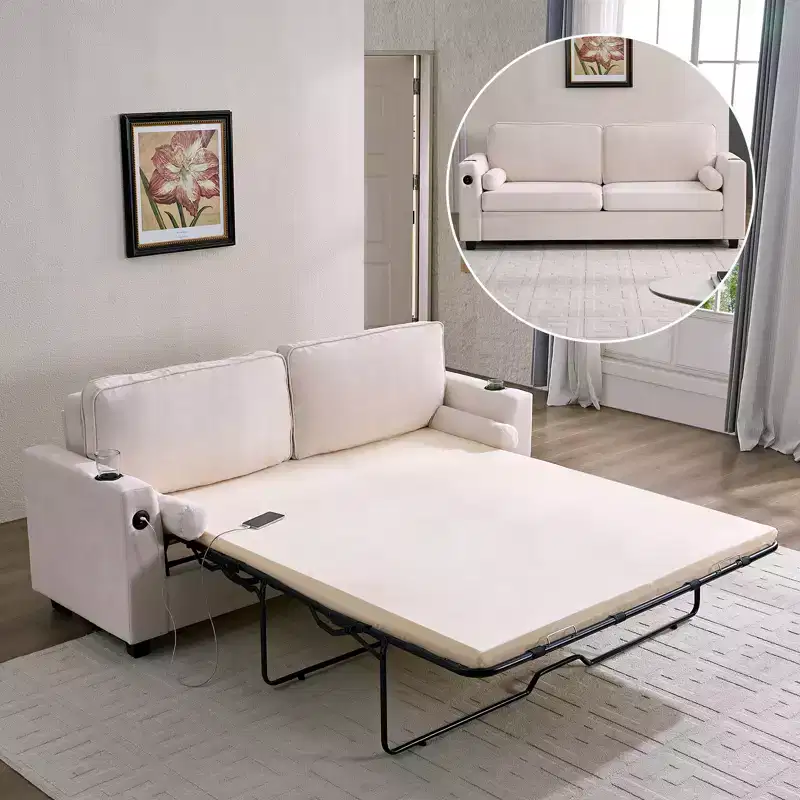 Mjkone Pull Out Loveseat Sofa Bed,Sleeper Sofa Couch Bed with Memory Foam Mattress,Cup Holder,USB Charging Ports