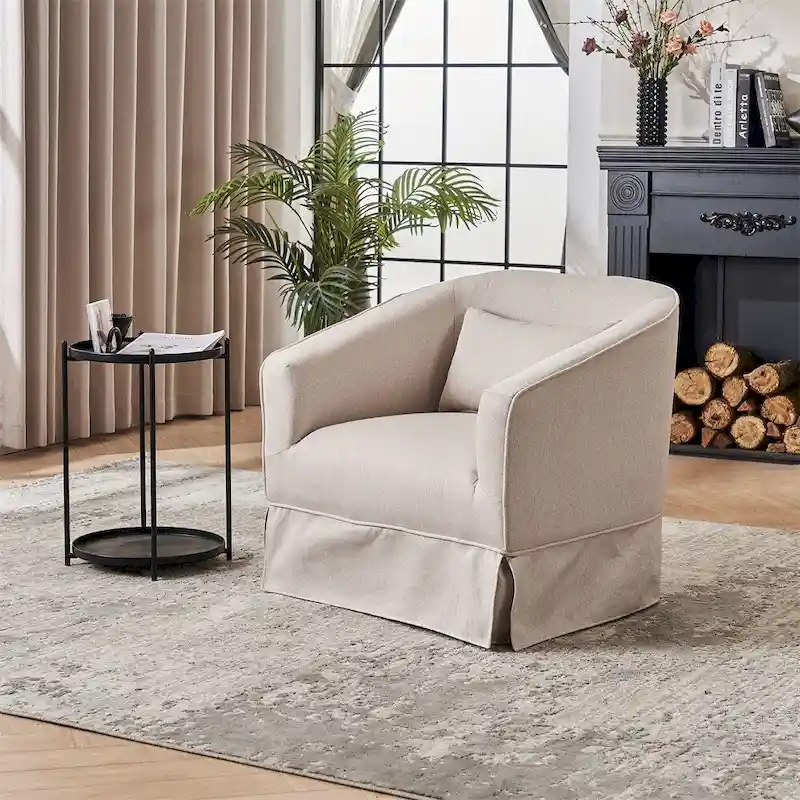Swivel Barrel Chair with Ottoman and Black Metal Base
