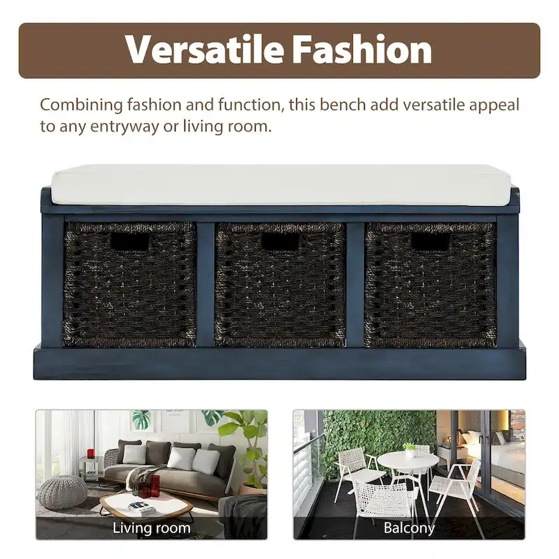 Entryway Bench with 3 Removable Rattan Baskets