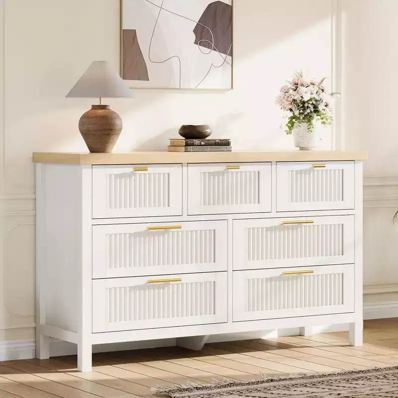 Fluted 7 Drawer Dresser, 45'' Tall Dresser, 7 Chest of Drawers, Wooden Chest with Clothes Storage, Storage Cabinet for Living Room Bedroom