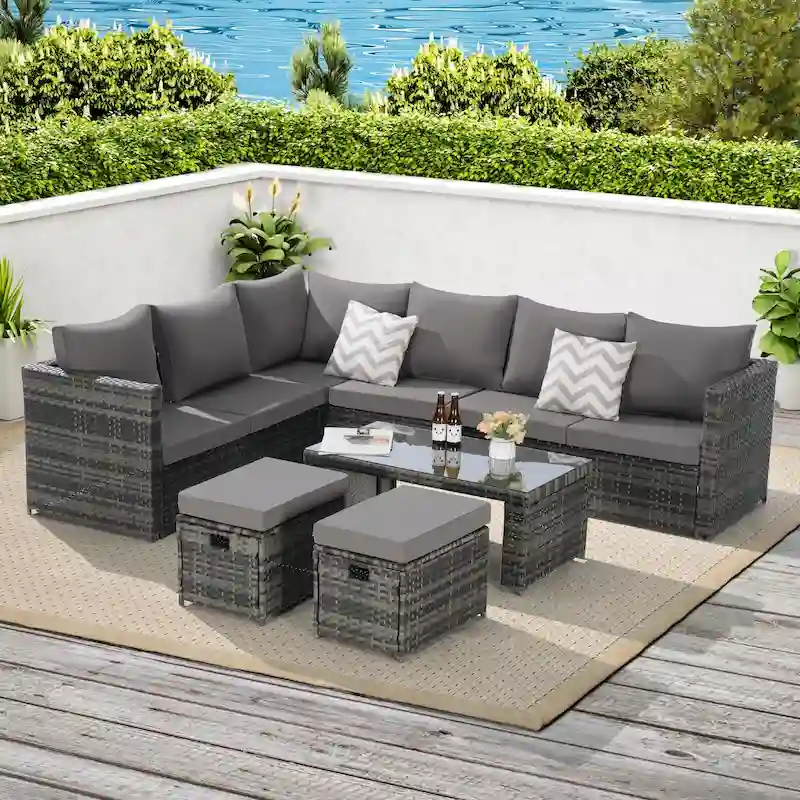 6-Piece Rattan Sectional Sofa Set with Glass Table