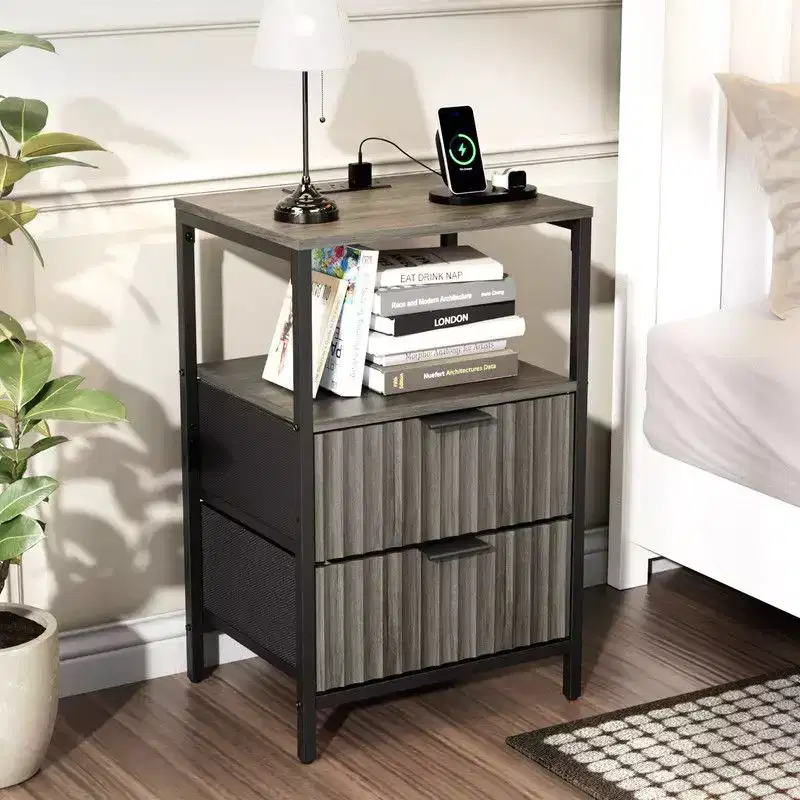 Karl Home 15 Inches Wide Nightstand - 2 Drawers, 1 Shelf, US Power Outlet