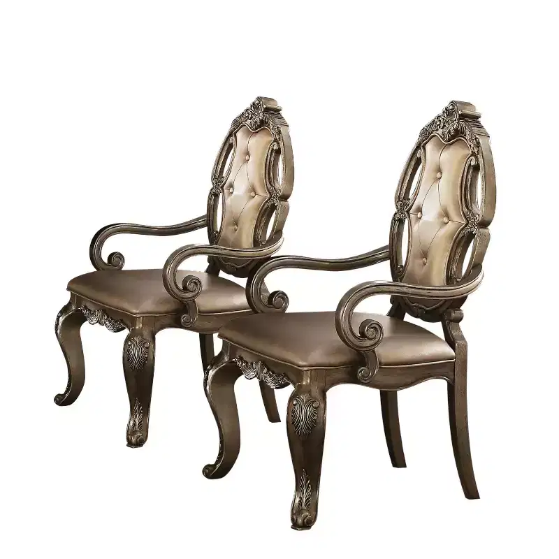 Oak Tufted Faux Leather Dining Arm Chair, Set of 2
