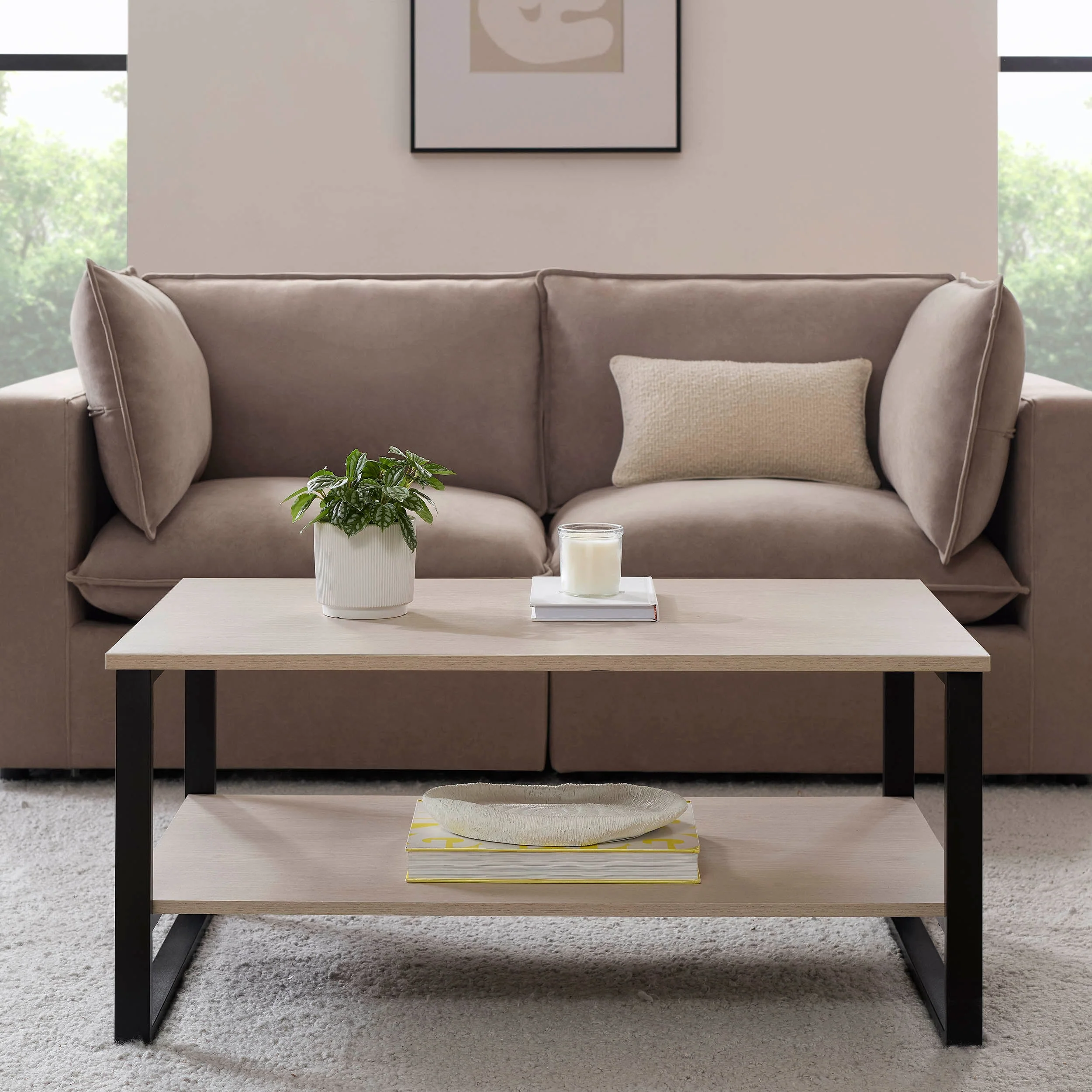 Scandi Natural Wood Coffee Table with Black Metal Frame for Living Room