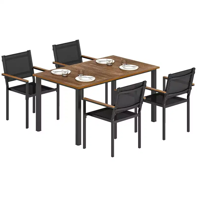 Outsunny Outdoor Dining Set for 4, 59 Rectangle Acacia Wood Outdoor Table and 352 LBS Stackable Chairs, Patio Set for Garden, Backyard, Deck, Teak
