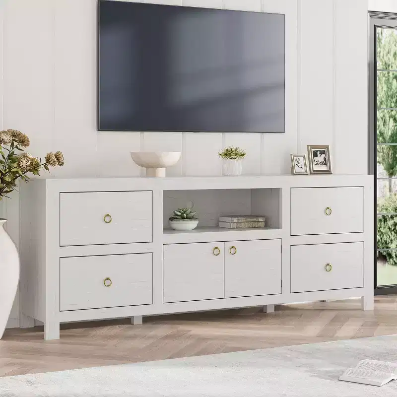 Farmhouse TV Stand for 75/80 Inch TVs, Long Entertainment Center w/6 Storage Drawer & Soundbar Shelf, Television Consoles Stands for Home