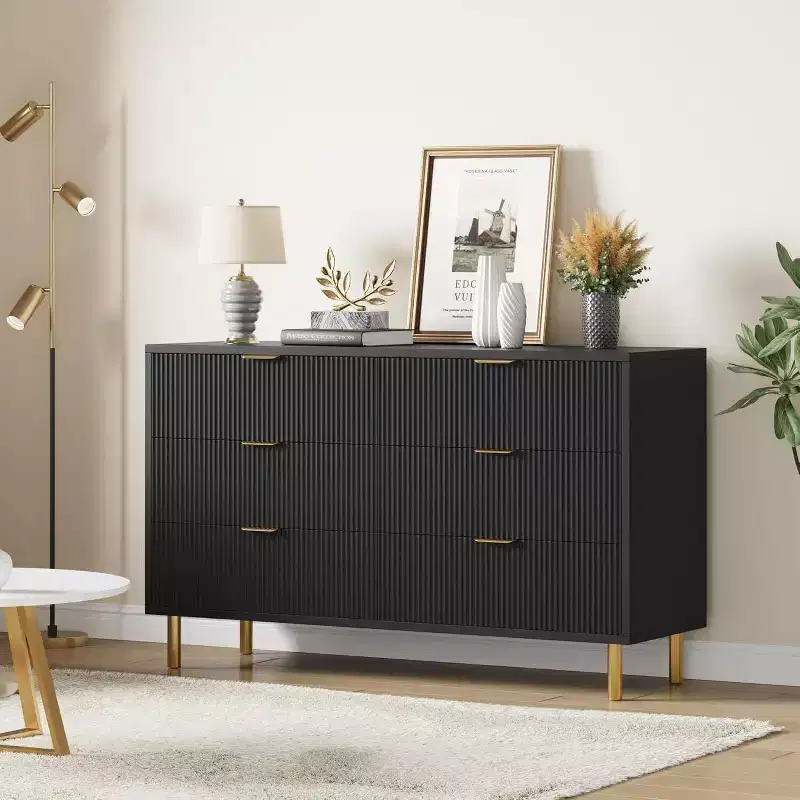 Modern 6 Drawer Dresser for Bedroom with Gold Handle and Large Drawer, Wood Double Chest of Drawers and Storage Organizer for Home