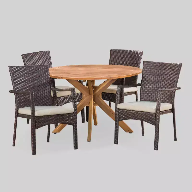 Stamford 5pc Acacia Wood & Wicker Patio Dining Set - Brown - Christopher Knight Home: Weather-Resistant, Circular Table