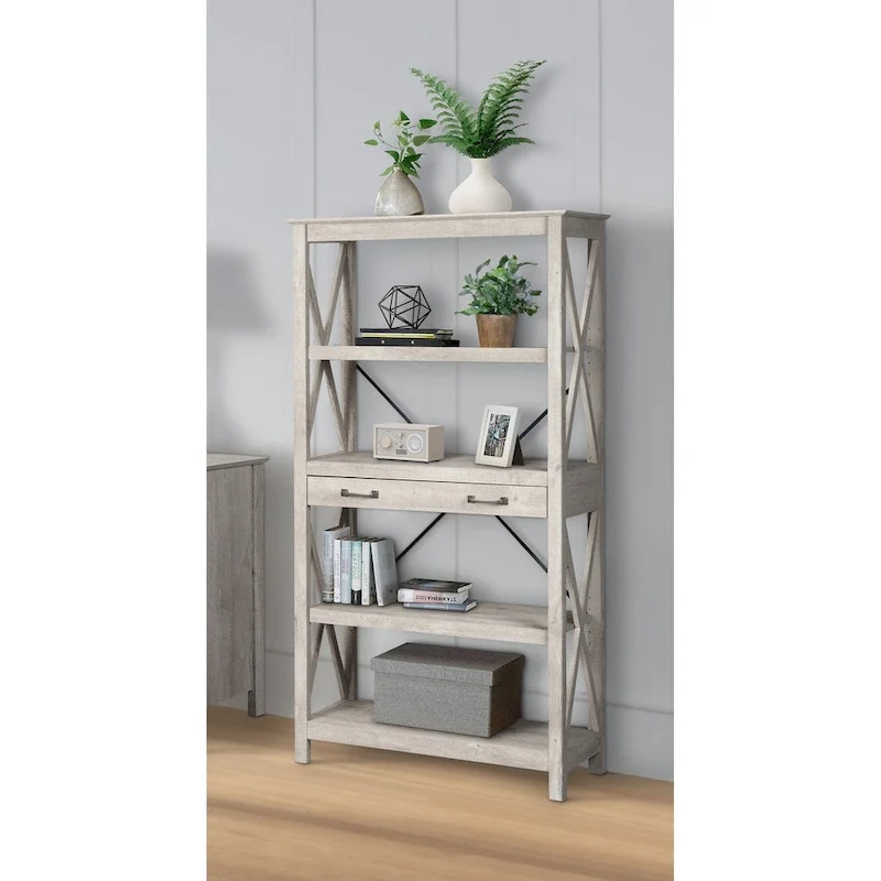 Transitional Four-Shelf Bookcase with 2 Drawers
