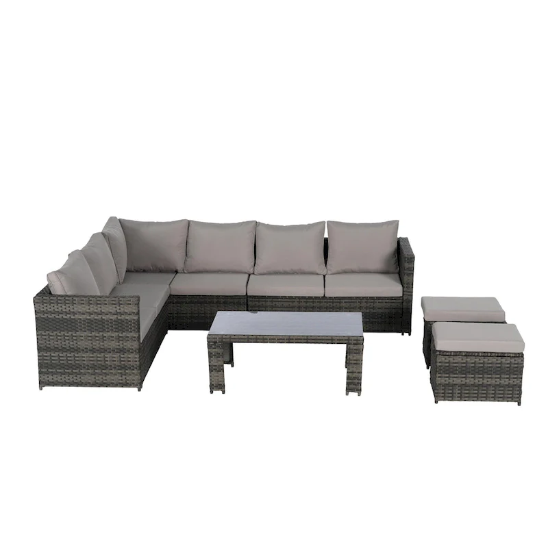 6-Piece Rattan Sectional Sofa Set with Glass Table