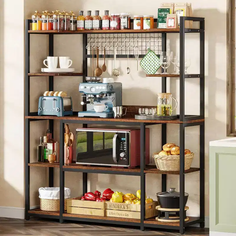Lantine 55 Kitchen Hutch Cabinet Microwave Stand with 11 Hooks, 5-tier Bakers Rack with Storage Shelf