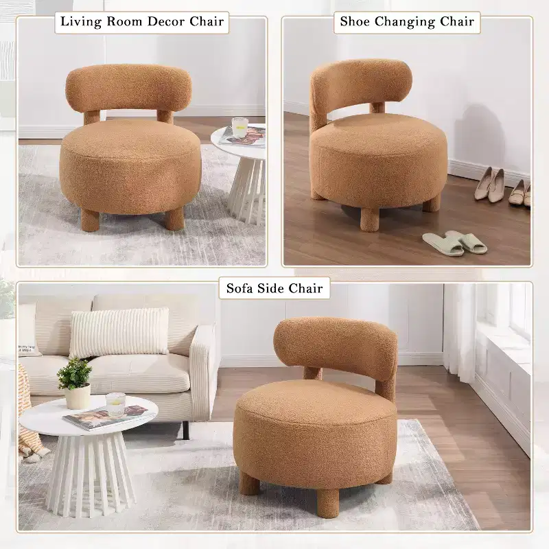 Upholstered Accent Chair Armless Side Chair with Curved Backrest, Teddy/Fur, White/Khaki - ModernLuxe