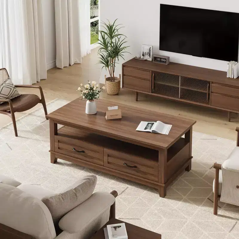 Farmhouse Coffee Table with Drawers, 47.2 Center Table Rustic Coffee Tables Brown Living Room Table, with Open Shelf and 6 Support Legs