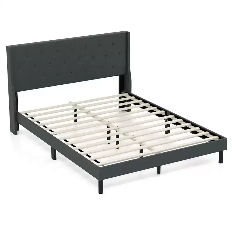 Queen Size Bed Frame Linen Upholstered Mattress Foundation with Wooden Slats