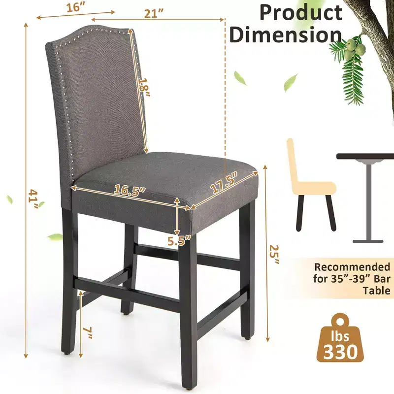 Costway Set of 2 Fabric Barstools Nail Head Trim Counter Height Dining Side Chairs Grey/Beige