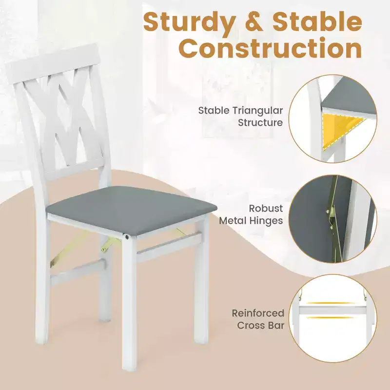 Costway Folding Kitchen Chairs Set of 2/4 with Rubber Wood Frame Padded Seat with PVC Leather White/Brown