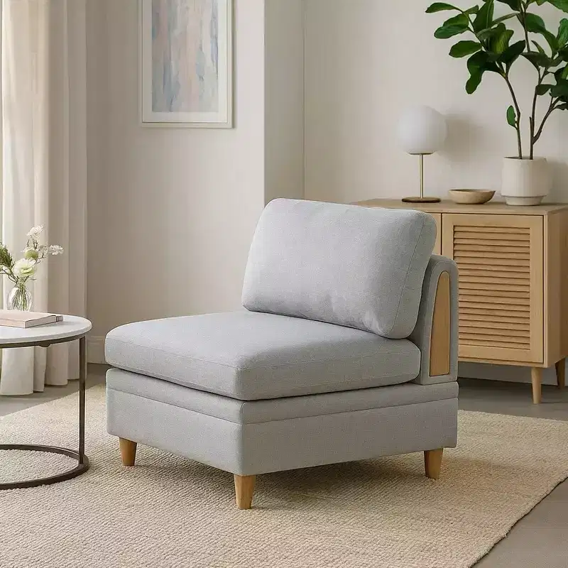 37 Inch Modular Armless Sofa Chair, Light Gray Fabric, Wood