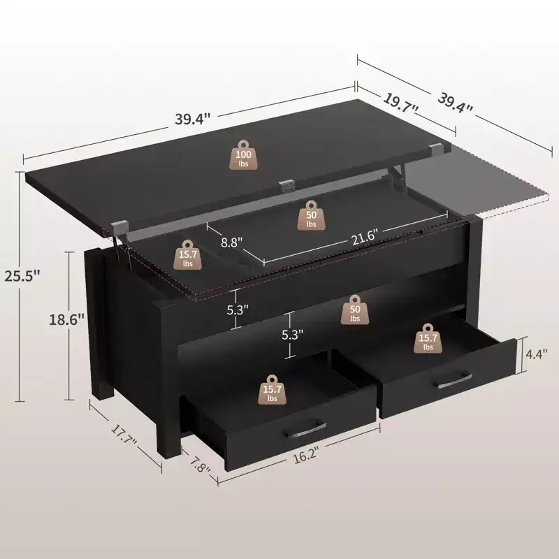 40 Lift-Top Coffee Table Multi-Function Convertible Design with Drawers & Hidden CompartmentTransforms to Dining Table for Living Room