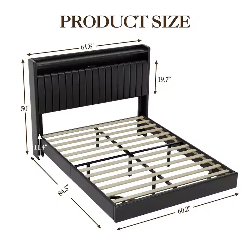 Queen Floating Platform Bed Frame with Charging Station and Storage Headboard, Black