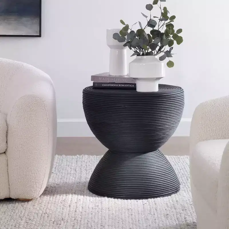 22 Wide Stained Black Rattan Round Side Table