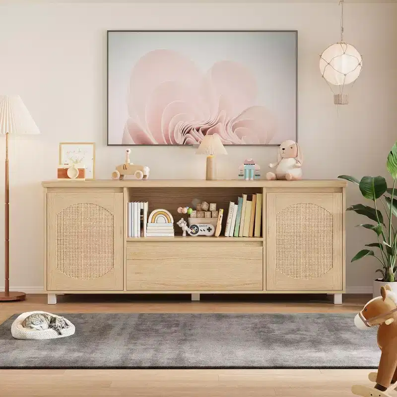 TV Stands for Living Room,Rattan TV Console Cabinet with Storage and Shelf, Boho Entertainment Center for TV up to 70'',for Living Room, Bedroom