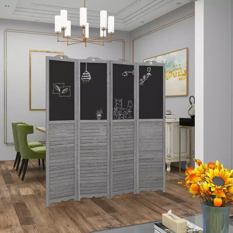 4 Panel Folding Room Divider with Blackboard Freestanding Privacy Screen Panels for Home Office Gray