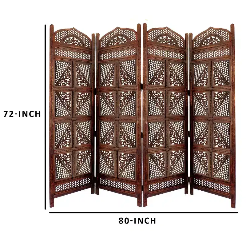 Benzara Traditional Four Panel Wooden Room Divider with Hand Carved Details Antique Brown