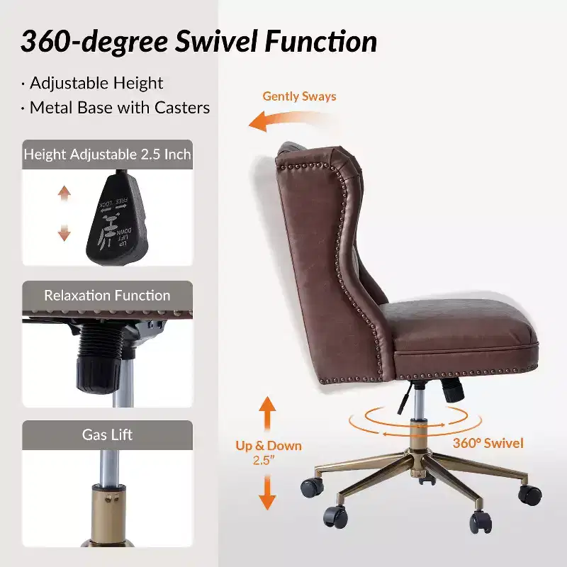 Hazel Traditional Faux Leather Wingback Office Chair — Tufted, Bronze Nailhead, Camel