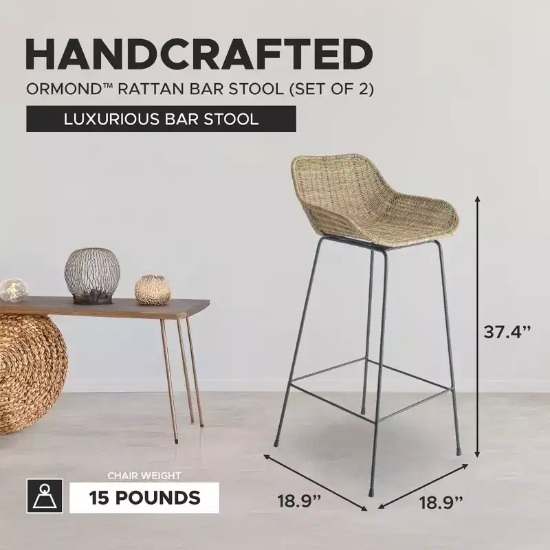 texxture 2 Pack Ormond Woven Rattan Bar Stools, Indoor Outdoor Dining or Kitchen Furniture for Table or Porch with Metal Legs, Natural