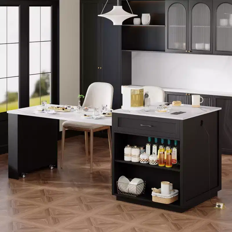 Kitchen Island with Extendable Dining Table for 4-6 Person, Faux Mable Kitchen Table with Power Outlet, Kitchen island with Storage Drawers