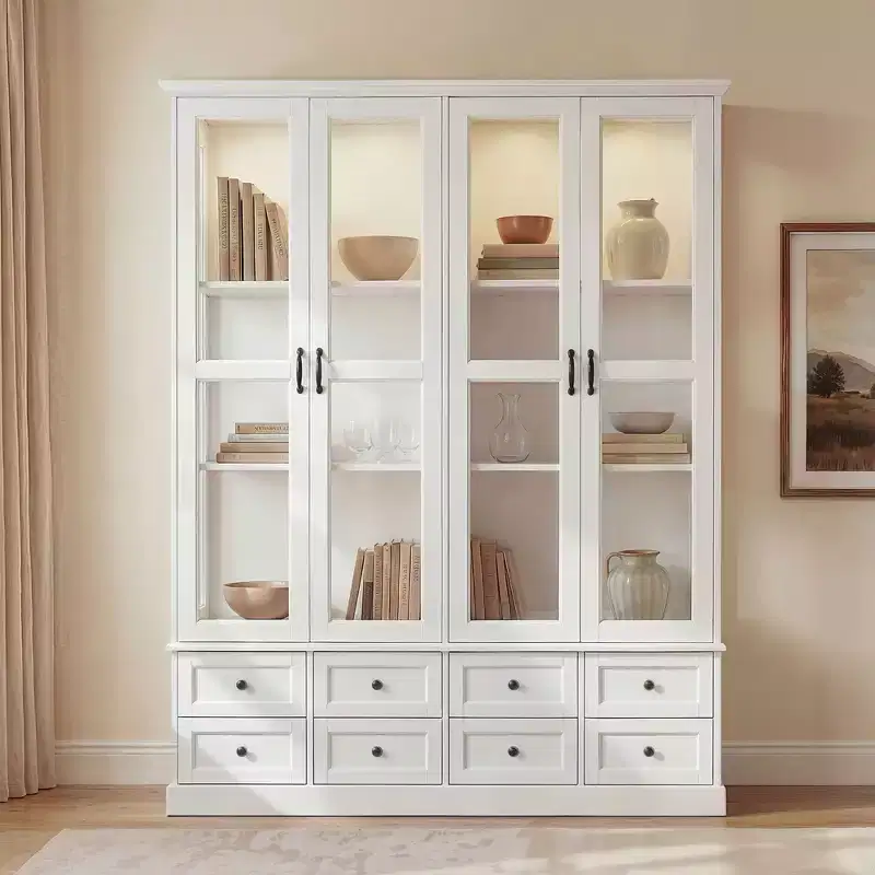 Famapy White Display Cabinet Bookcase: RGB LED Lighting + Drawer Storage + Glass Doors  Spacious Organizer for Living Rooms & Home Libraries