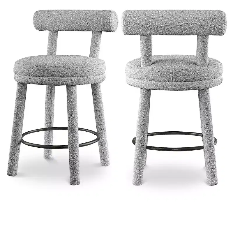 Grey Velvet Boucle Round Counter Stool, Set of 2