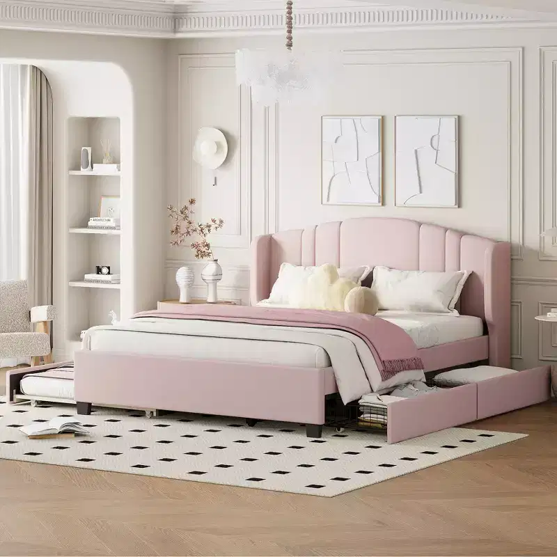 Queen Upholstered Platform Bed with Wingback Headboard, Twin Trundle and 2 Drawers, Pink