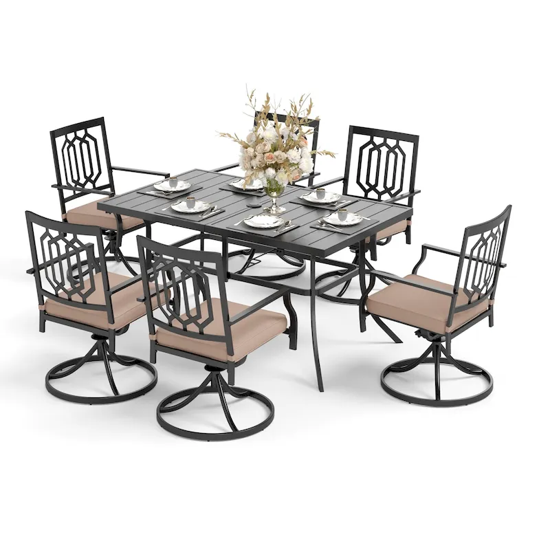 MAISON ARTS 7 Pieces Patio Dining Set, 6 x Swivel Dining Chairs with Cushion and 1 Metal Table with 2.6 Umbrella Hole