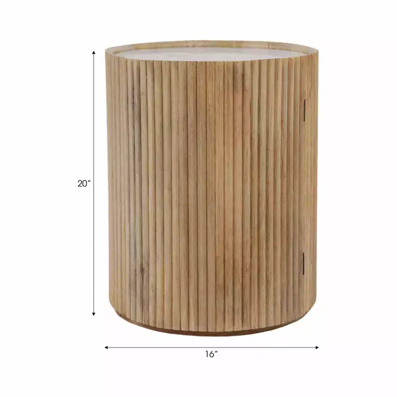 Decorative Ribbed Wooden Side Table with Marble Top and Storage - Small Home Decor Table Stand for Bedroom or Living Room Decor