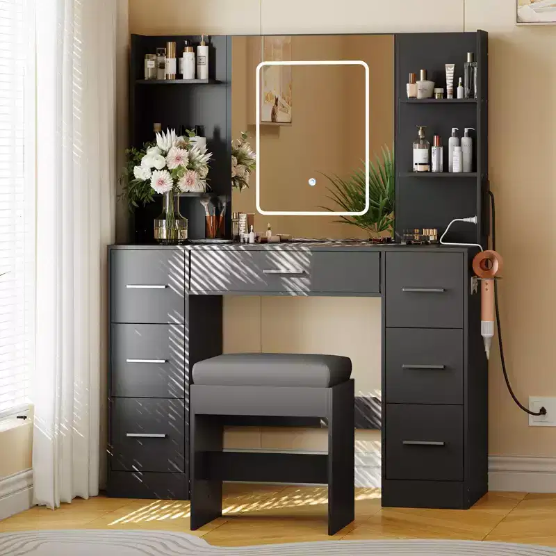 GustoWave Vanity Desk with Mirror, Led Lights, Power Outlet and Stool, Makeup Vanity Table with 7 Drawers, Dressing Table