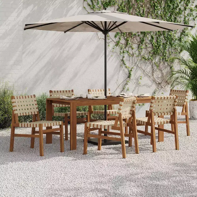 Christopher Knight Home Ratchanon Modern 7 Piece Acacia Wood Patio Dining Set with PE Woven Rope and Slatted Table