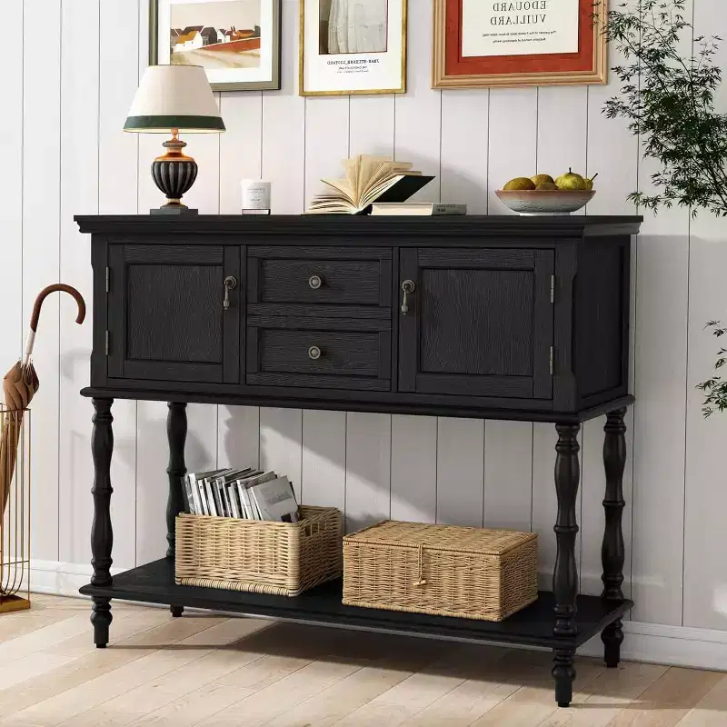 Retro Console Table with Drawers and Cabinets, Slim Sofa Table with Open Shelf for Entryway or Living Room