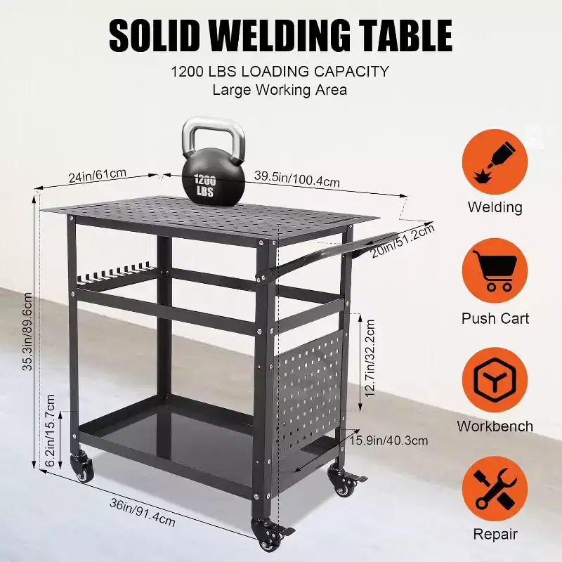 Portable Rolling Welding Table 36x24 Steel Top with Pegboard, 5/8-Inch Holes, Tool Slots, Storage Shelf, 1200LB Capacity, Orange