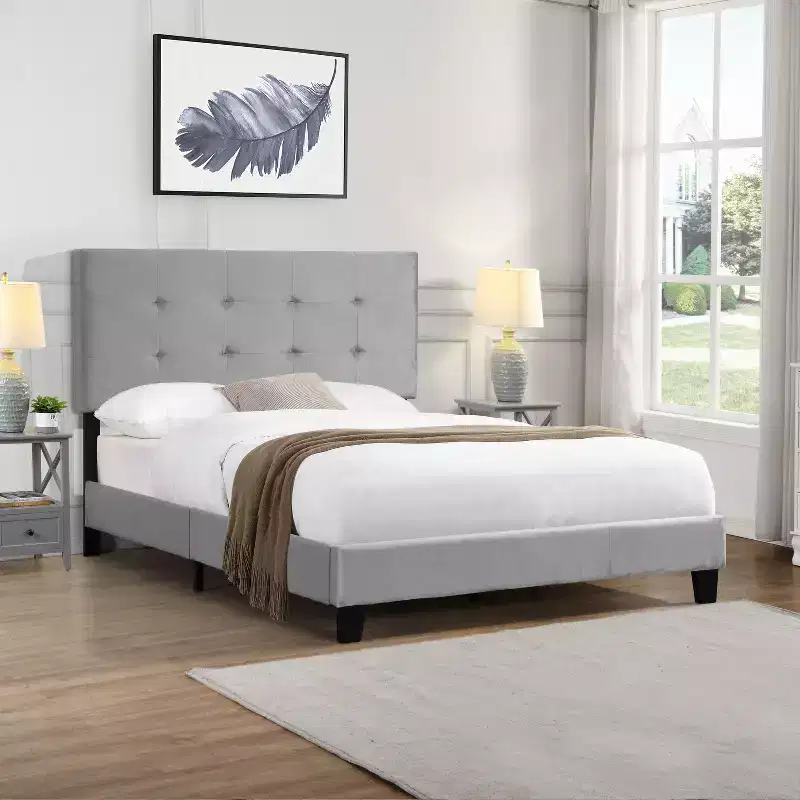 Full Bed Frame with Pull-Point Tufted Headboard, Upholstered Platform Bed with Wood Slat Support, Gray
