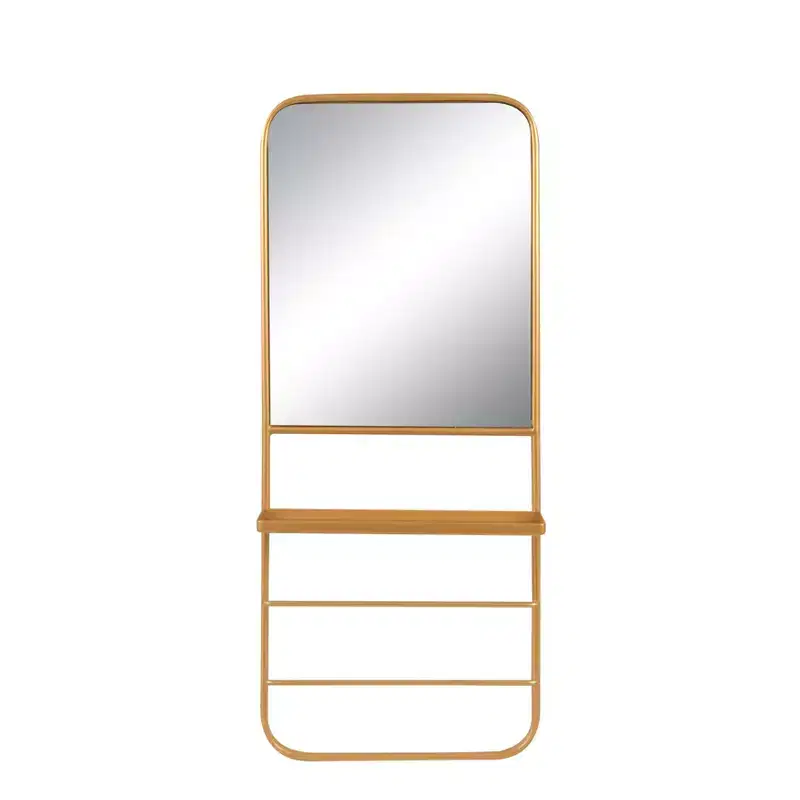 Storied Home Metal Framed Wall Mirror with Shelf and 2 Rods, Gold