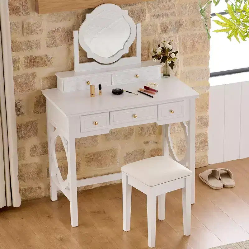GDFStudio Hailey Makeup Vanity Table with Reversible Mirror, Faux Leather Stool and 5 Drawers