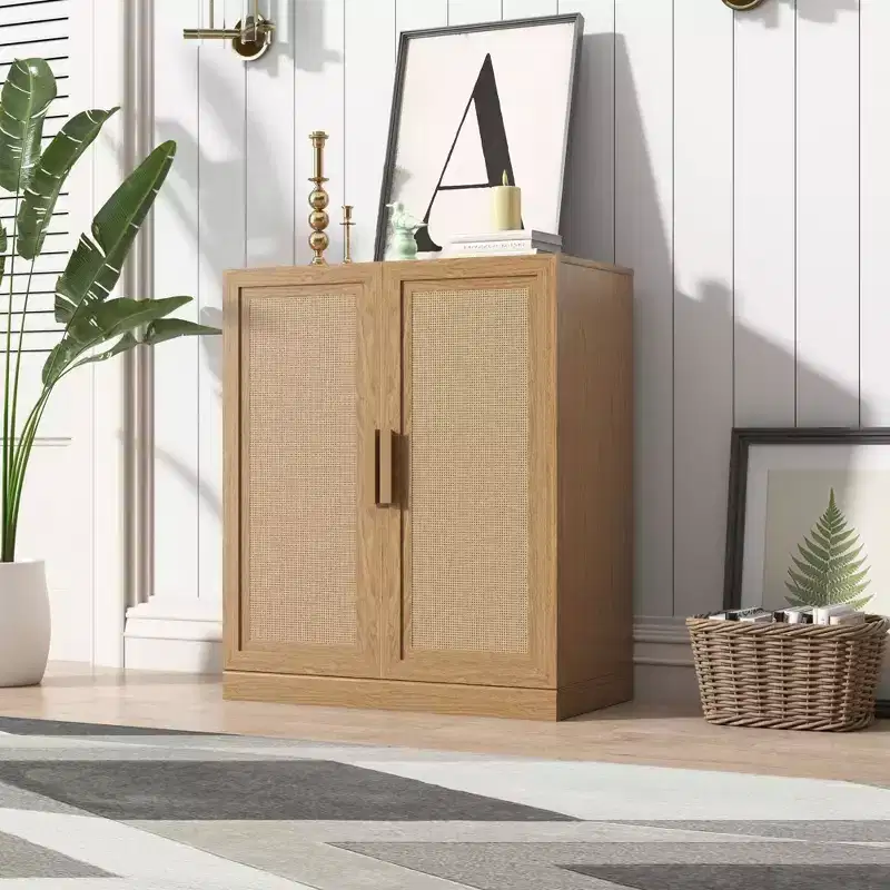 36x31x16 Wood Grain Buffet Cabinet, Storage Organizer with Adjustable Shelves and Rattan Doors for Kitchen Bedroom Living/Dinning Room