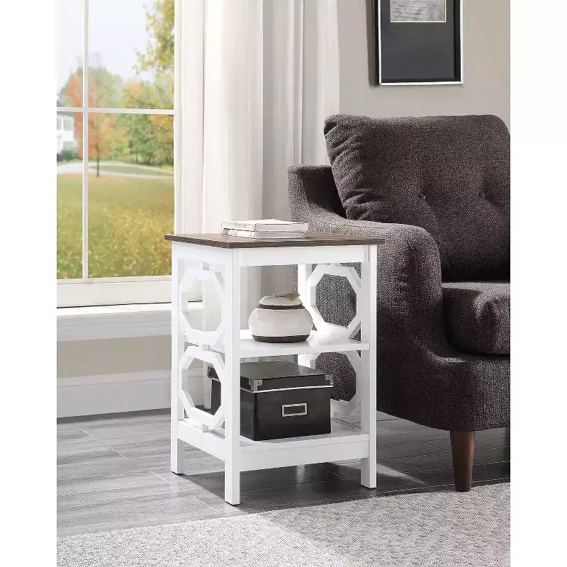 HomeStock Belmont End Table with Octagon Cut Out Panels and Three Tier Shelves, Sleek Geometric Design Accent Table for Living Room Storage Dcor