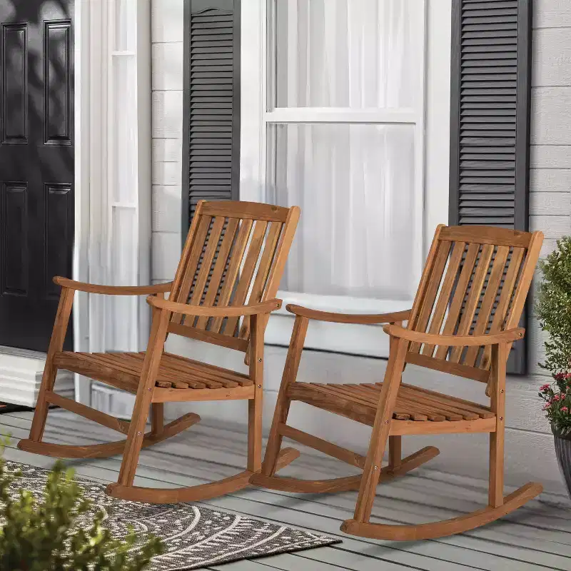 Perry Classic Slat-Back Acacia Wood Patio Outdoor Rocking Chair (Set of 2) - JONATHAN Y