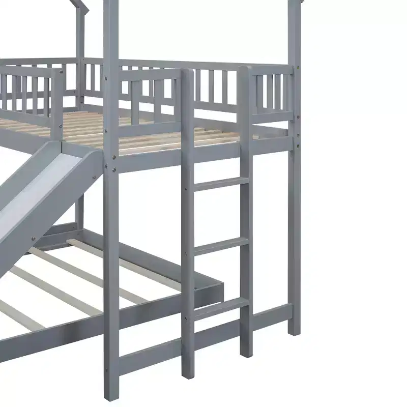 Whisen House Roof Design Twin over Full House Bunk Bed with Slide and Built-in Ladder